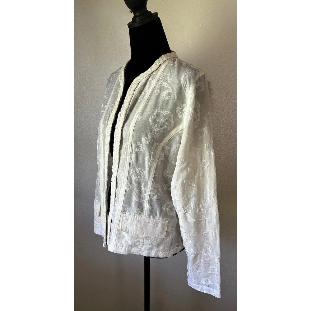 CHICOS Ivory Silk Linen Blend Open Front Jacket Embroidered Braided Lapel - Picture 3 of 13